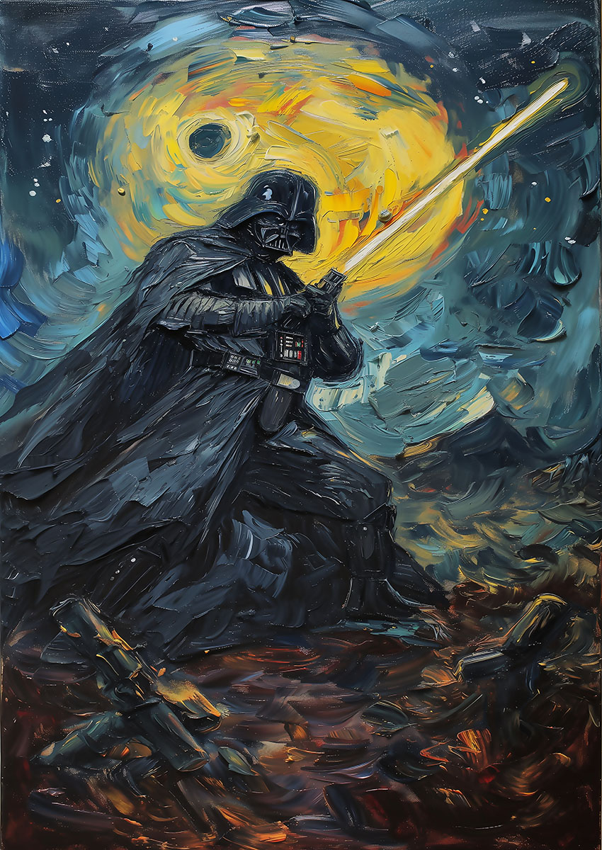 Dramatic artwork featuring a dark themed character against a vivid cosmic background.